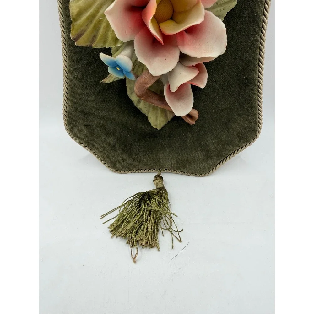 Vintage Capodimonte Italy‎ Porcelain Floral Wall Plaque Green Velvet Tassel 11in